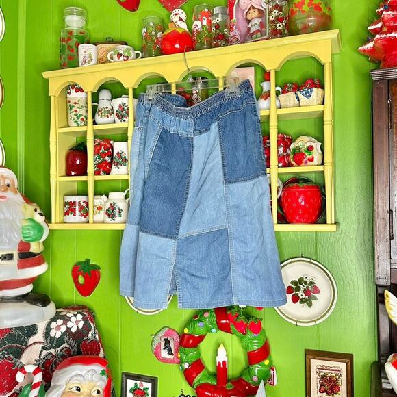 Vintage y2k Blair dark & light blue denim patchwork midi skirt - Picture 2 of 8